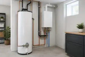 Hot water tank and tankless water heater installed in an Oakville home