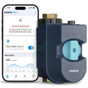 Moen Flo Smart Water Monitor and Shutoff with the Moen Smart Water app showing a leak alert