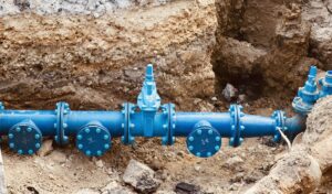 Blue sewer pipe being installed in excavated ground - drain cleaning and sewer services in Oakville