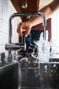 Water flowing from kitchen faucet - plumbing services in Oakville for homeowners and businesses