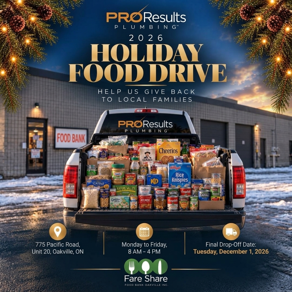 ProResults Plumbing 2026 Holiday Food Drive flyer for Fare Share Food Bank Oakville, showing a truck full of donated non-perishable food